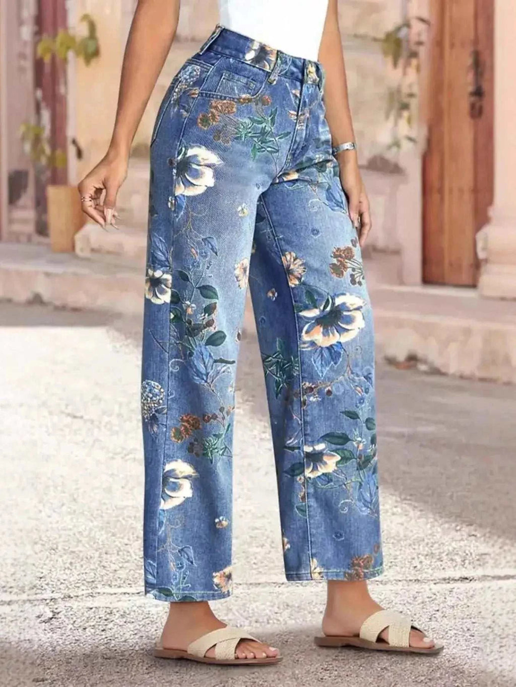 Floral Print Wide Leg Jeans - GlowUp Garments