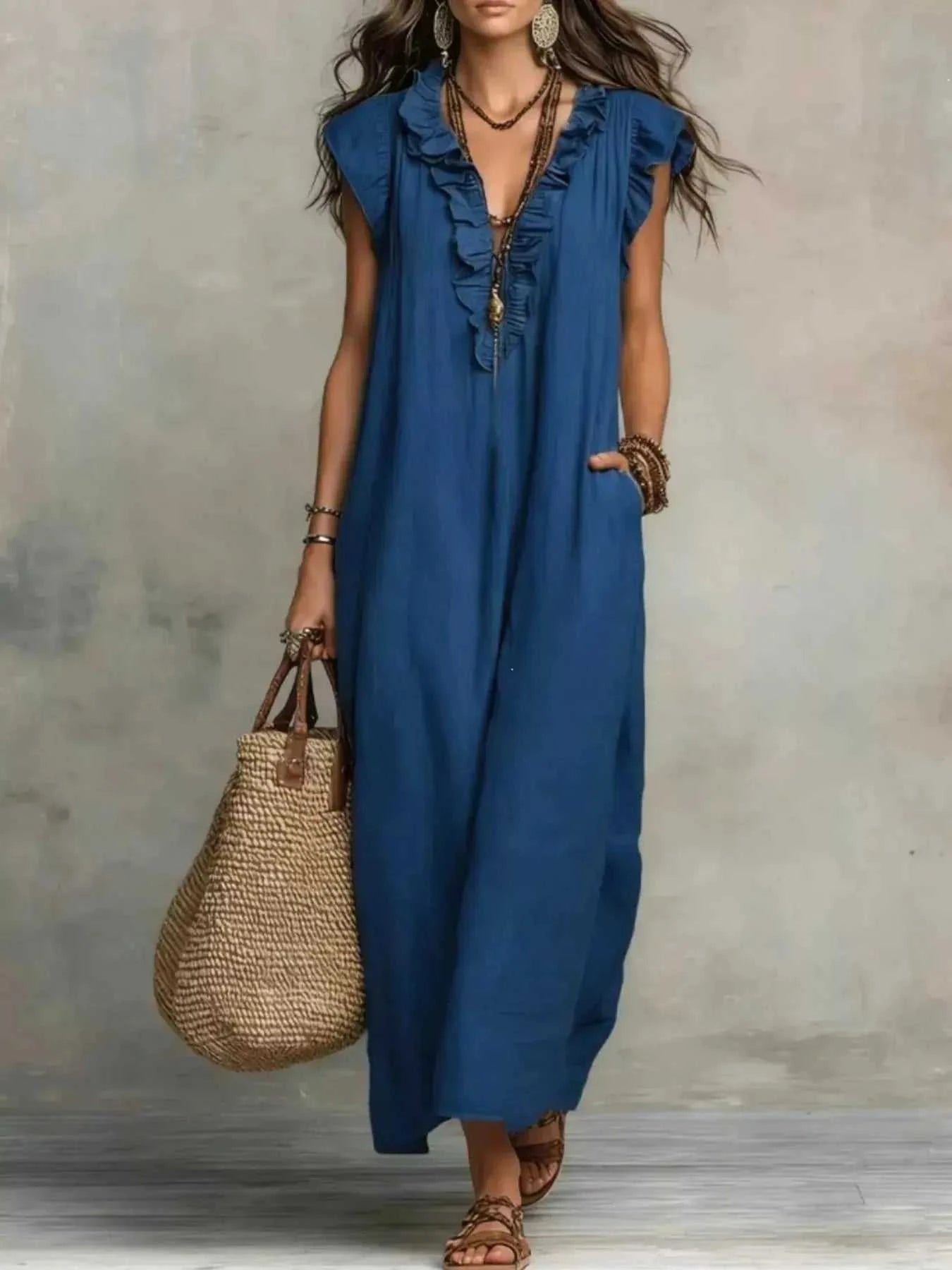 Full Size Ruffled V-Neck Cap Sleeve Maxi Dress Plus Size - GlowUp Garments