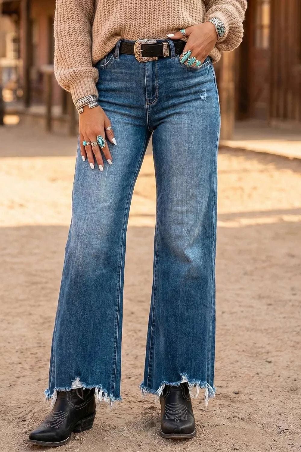 High Waist Frayed Hem Flare Jeans - GlowUp Garments