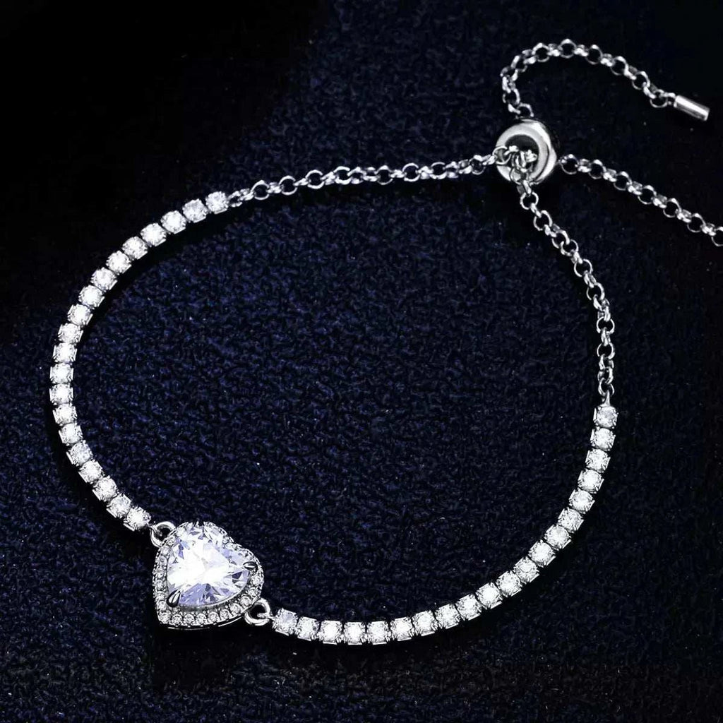 2 Carat 925 Sterling Silver Moissanite Chain Heart Bracelet - GlowUp Garments
