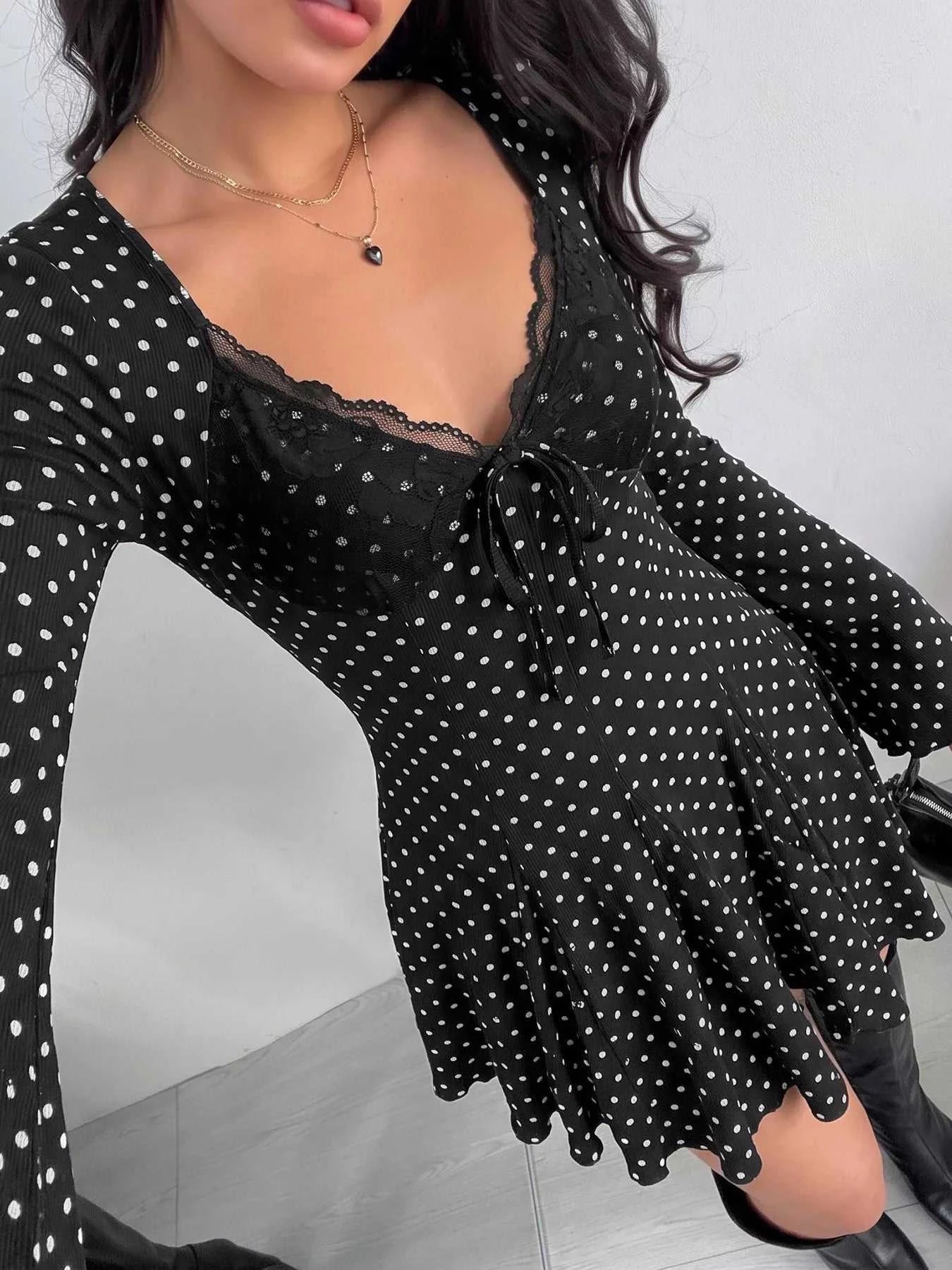 Polka Dot Lace Trimmed V-Neck Mini Dress - GlowUp Garments