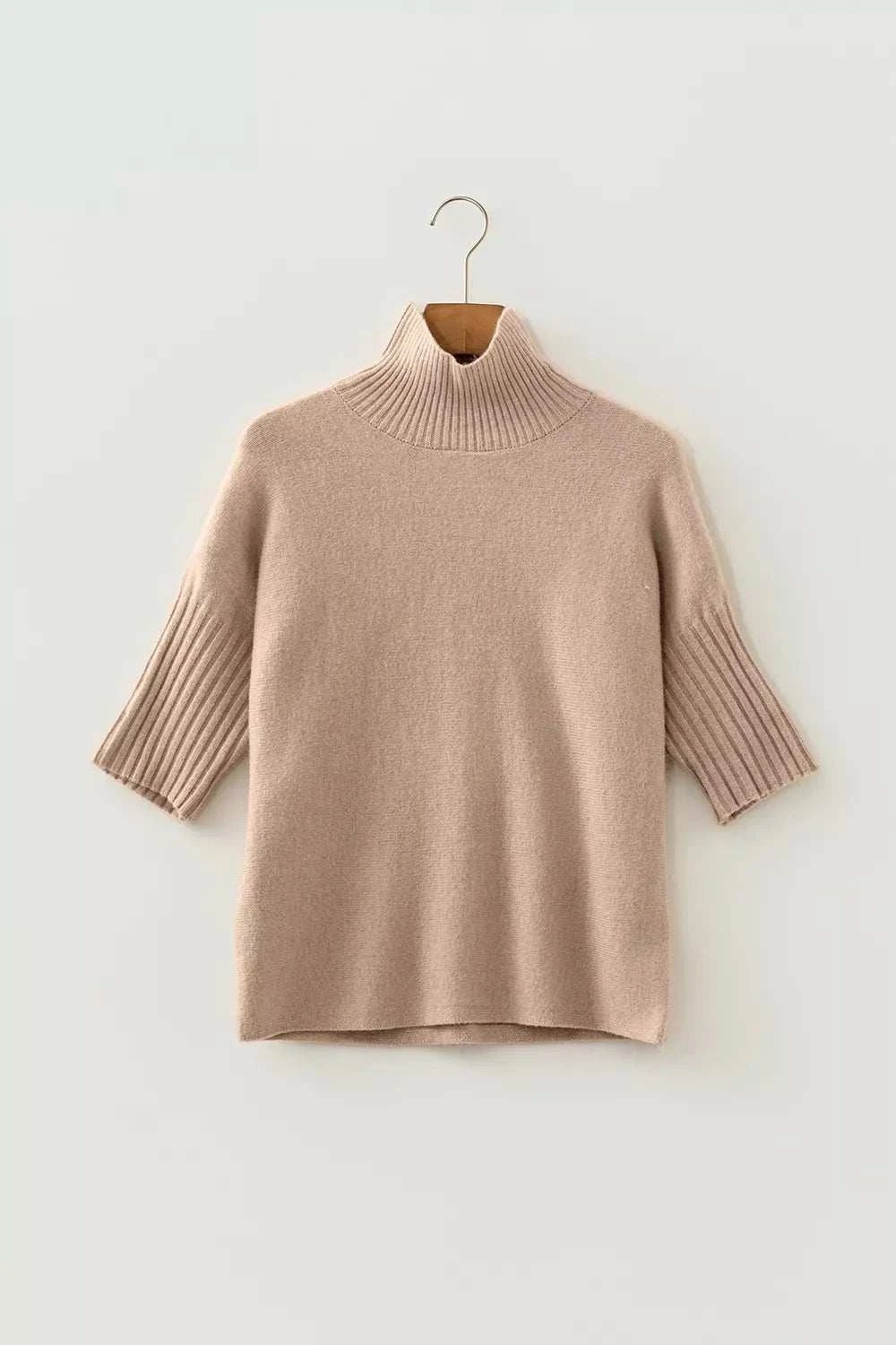 Ribbed Trim High Neck Short Sleeve Casual Sweater - GlowUp Garments