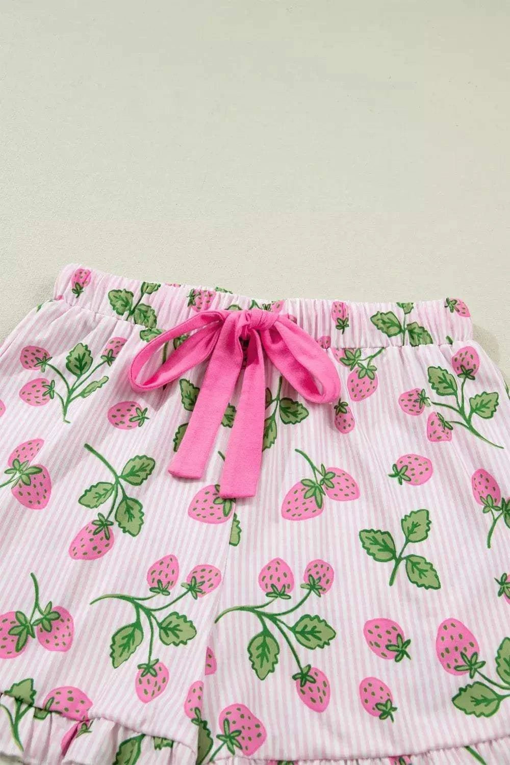 Striped Strawberry Print Lapel Shirt Drawstring Shorts 2pcs Pajama Set - GlowUp Garments