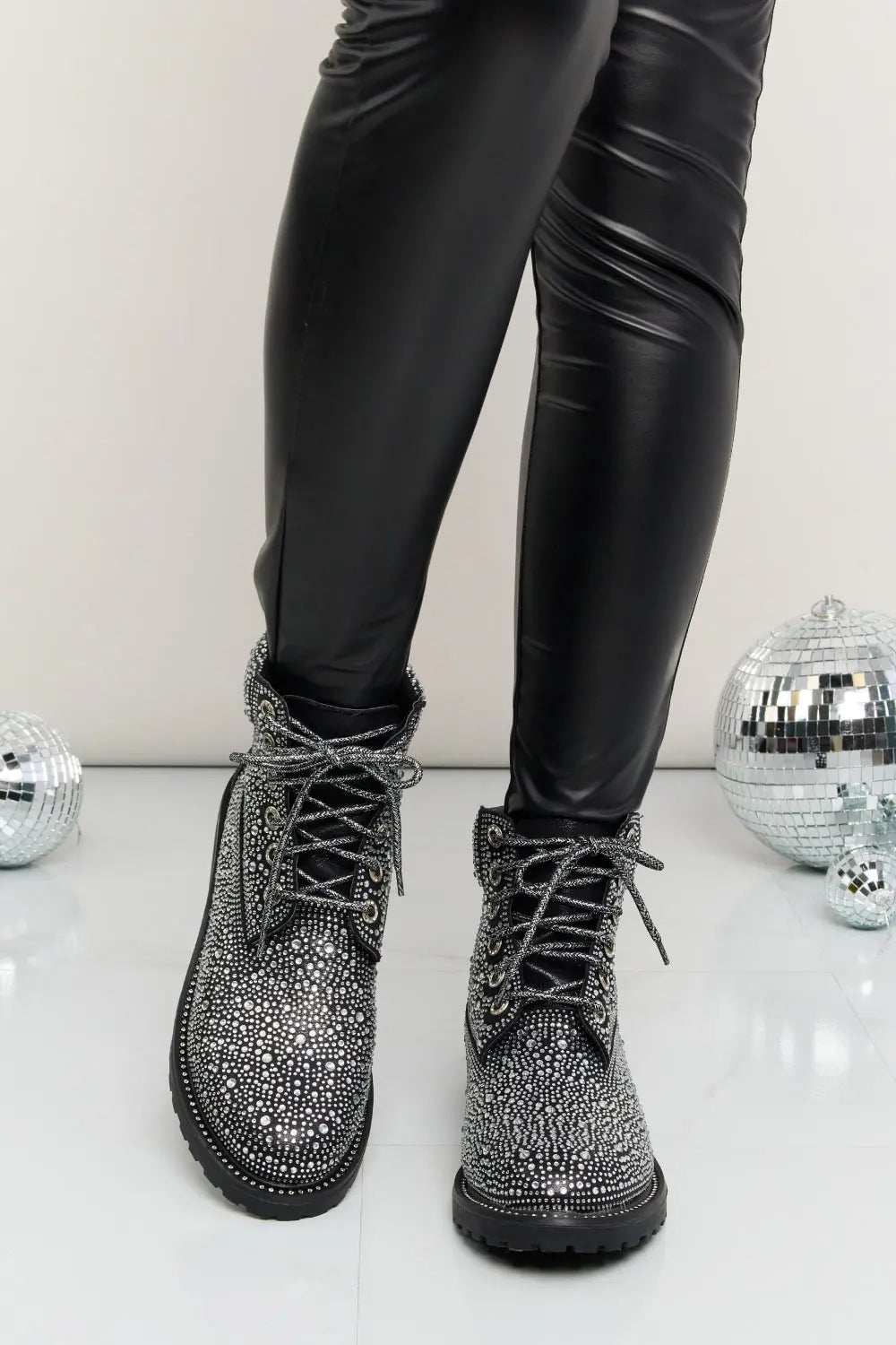 Forever Link Rhinestone Lace-Up Combat Boots - GlowUp Garments