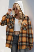 Drawstring Plaid Long Sleeve Hooded Shacket - GlowUp Garments