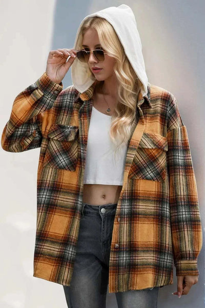 Drawstring Plaid Long Sleeve Hooded Shacket - GlowUp Garments