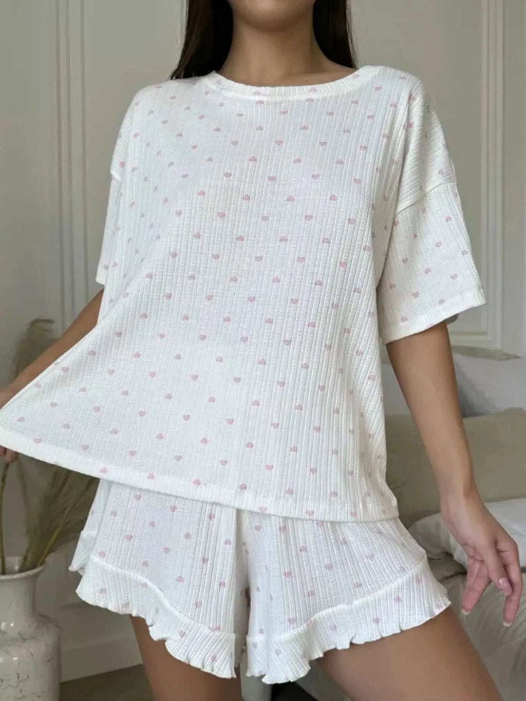 Heart Print Casual Top and Shorts Lounge Set - GlowUp Garments