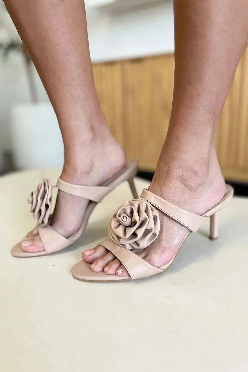 Weeboo Flower PU Leather Stiletto Heel Sandals - GlowUp Garments