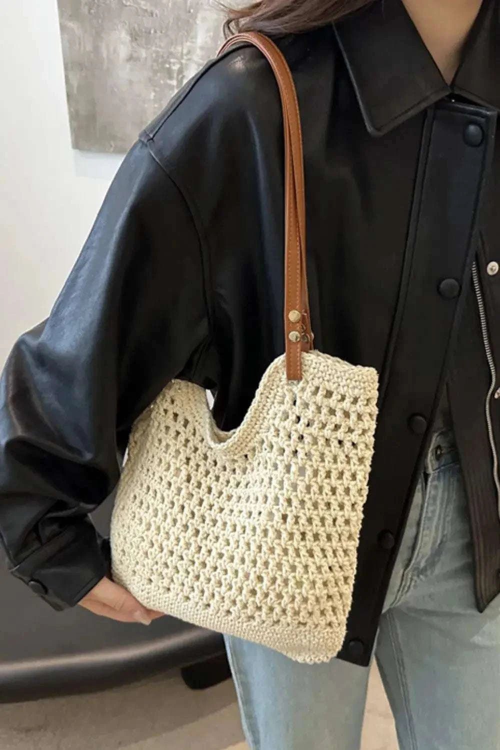Openwork Woven Tote Bag - GlowUp Garments