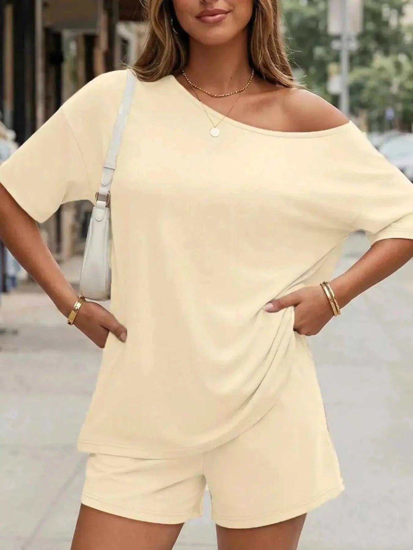Full Size One Shoulder Top and Shorts Set Plus Size - GlowUp Garments
