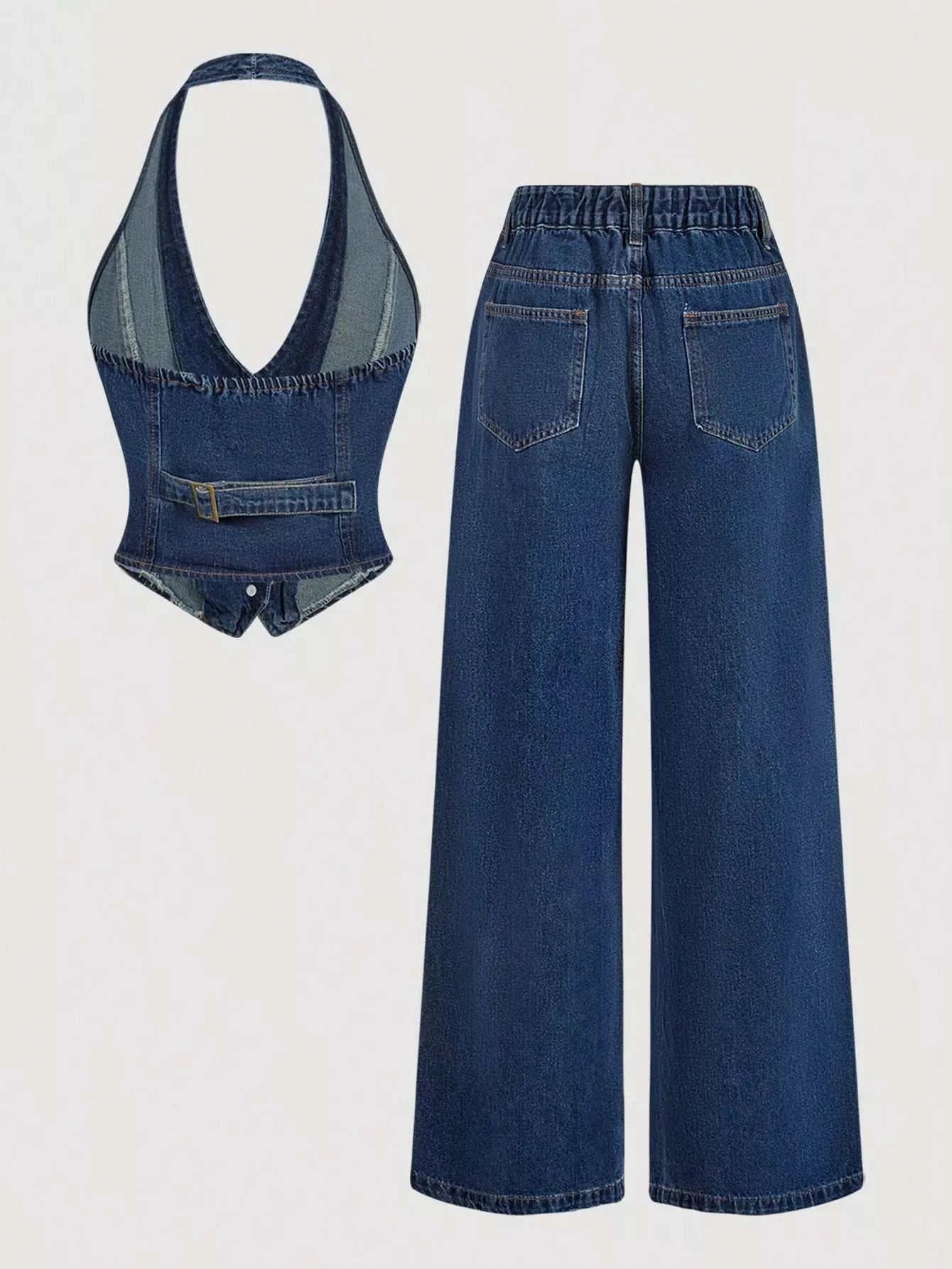 Halter Neck Denim Vest and Wide-Leg Jeans Set - GlowUp Garments