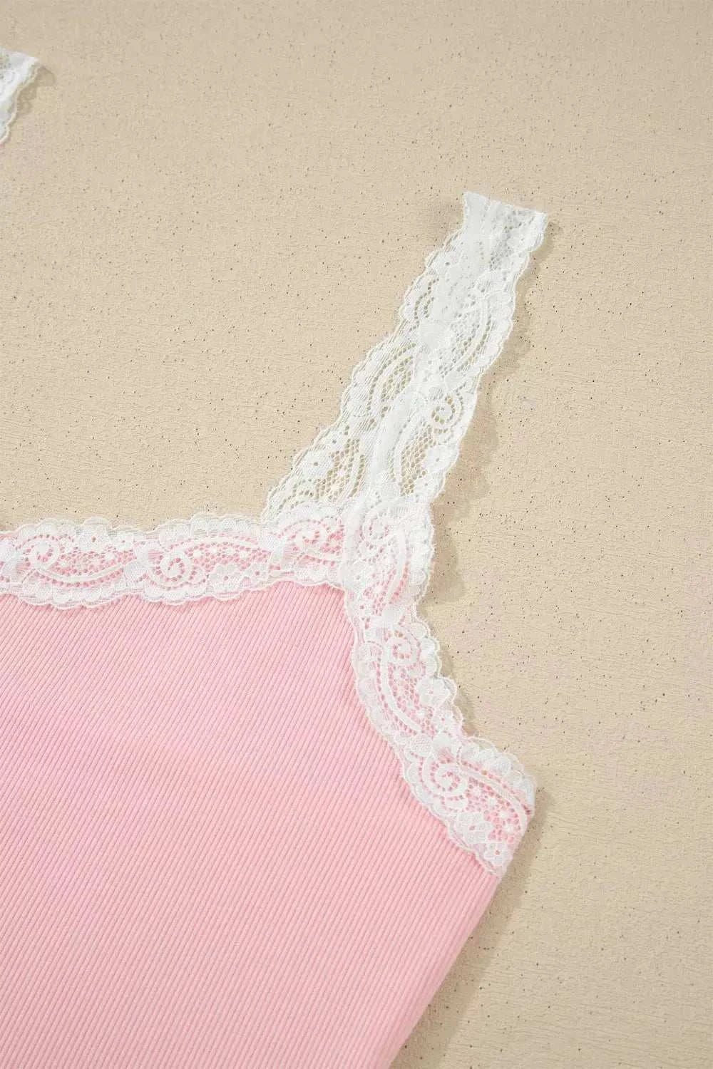 Ribbed Knit Lace Straps Patchwork Lettuce Hem Cropped Top Floral Short Lounge Set - GlowUp Garments