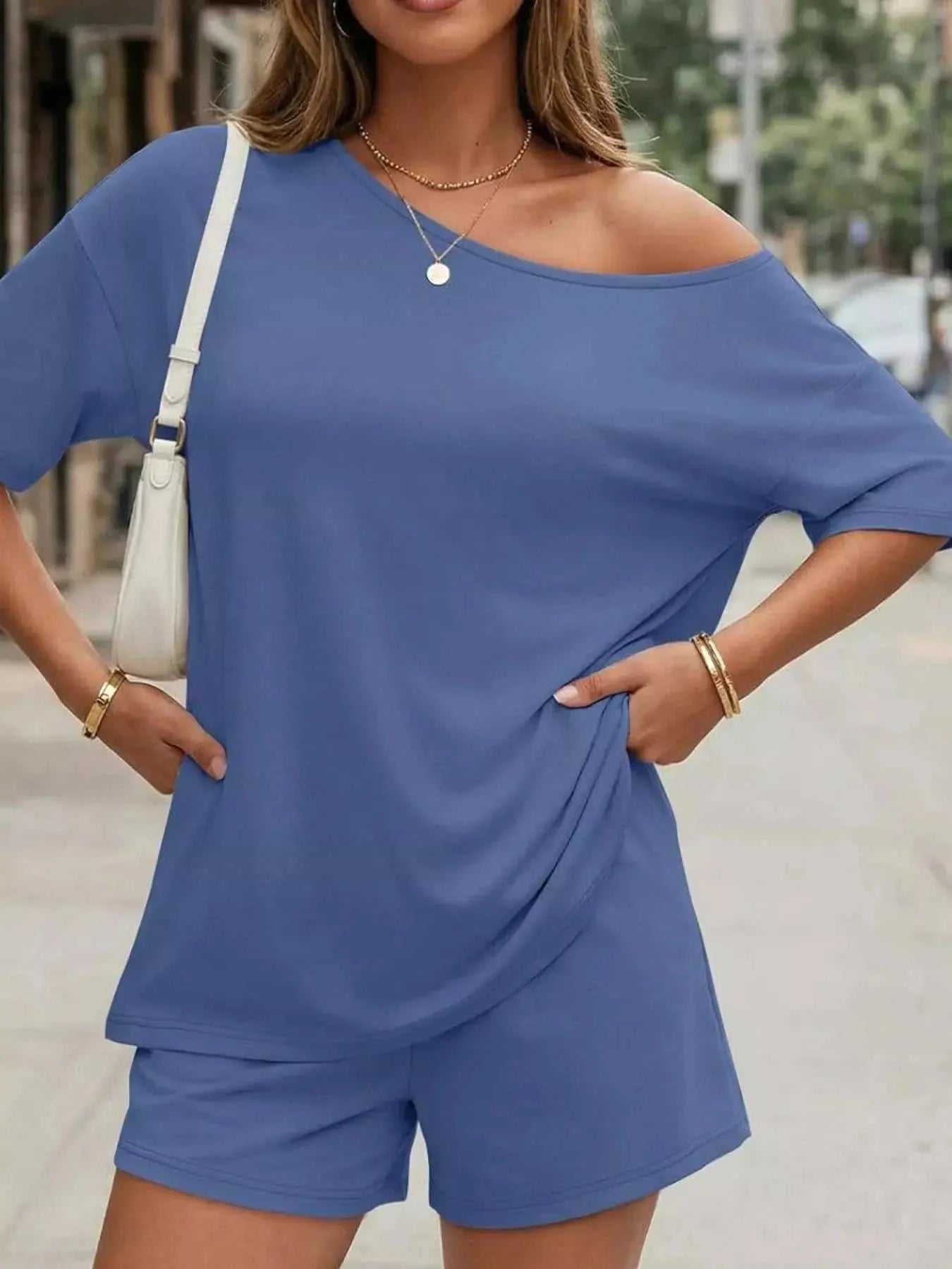 Full Size One Shoulder Top and Shorts Set Plus Size - GlowUp Garments