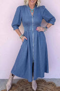 V Neck Shirred Waist Metal Zipper Denim Midi Dress