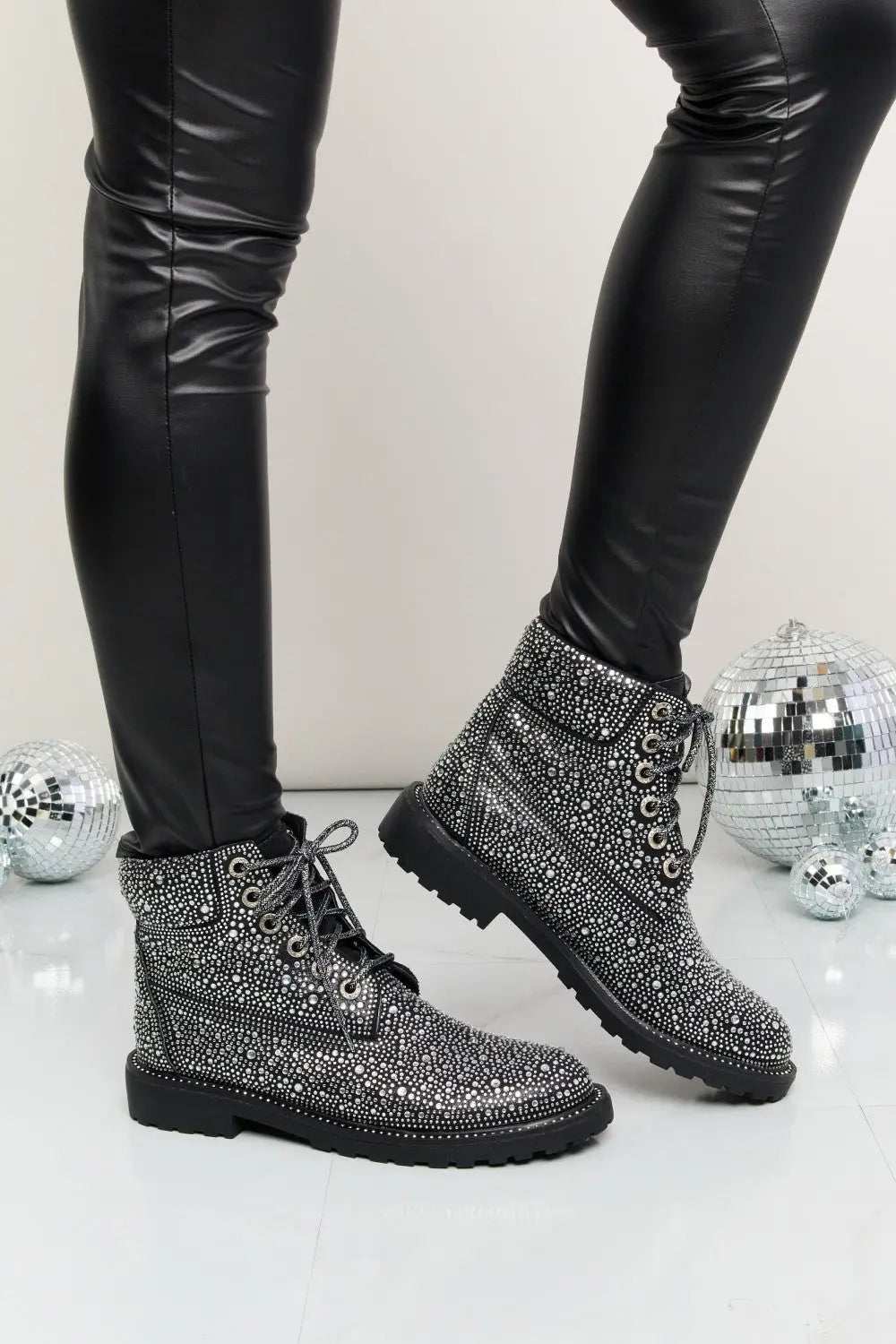 Forever Link Rhinestone Lace-Up Combat Boots - GlowUp Garments