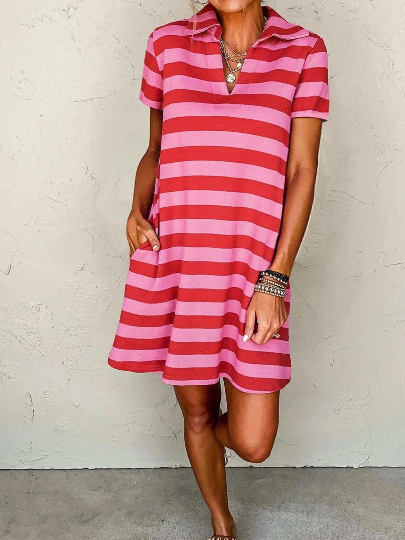 Striped Johnny Collar Short Sleeve Dress - GlowUp Garments