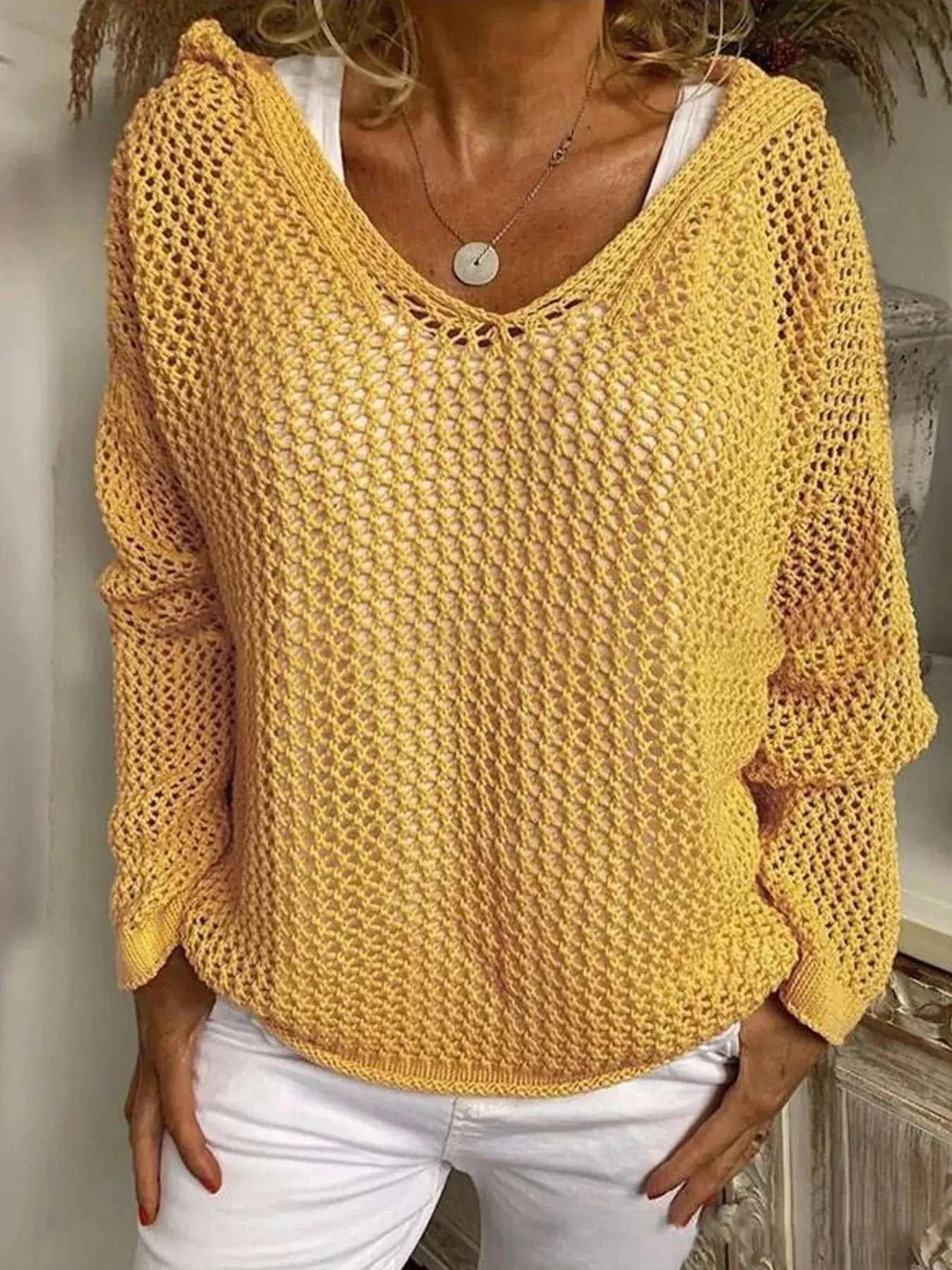 Openwork Long Sleeve Hooded Knit Cover Up - GlowUp Garments