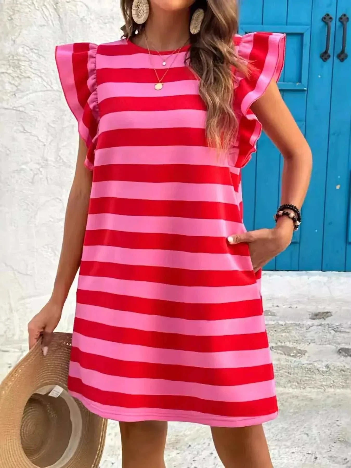 Striped Ruffle Sleeve Casual Summer Dress - GlowUp Garments