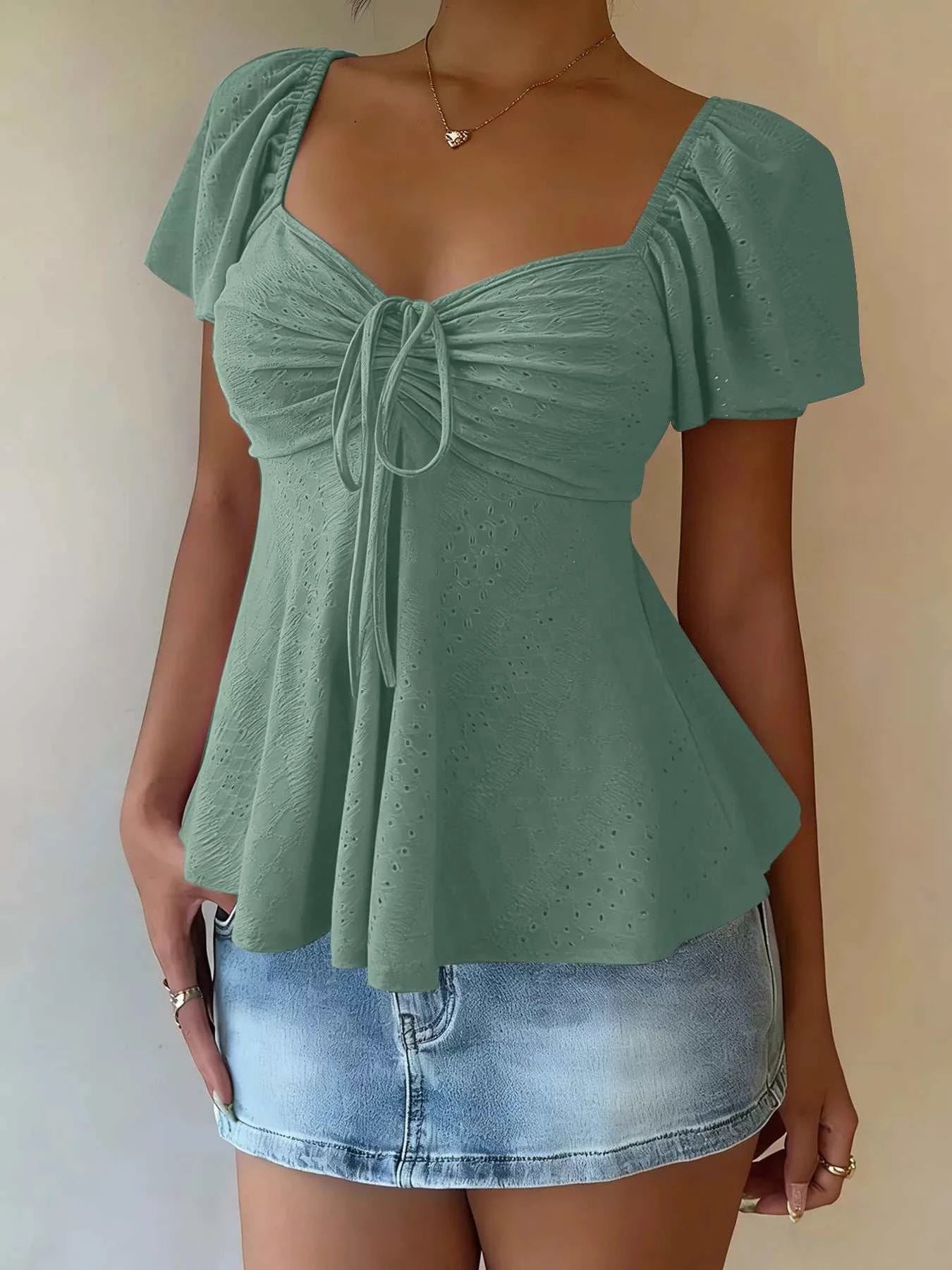 Sweetheart Neck Flutter Sleeve Top - GlowUp Garments