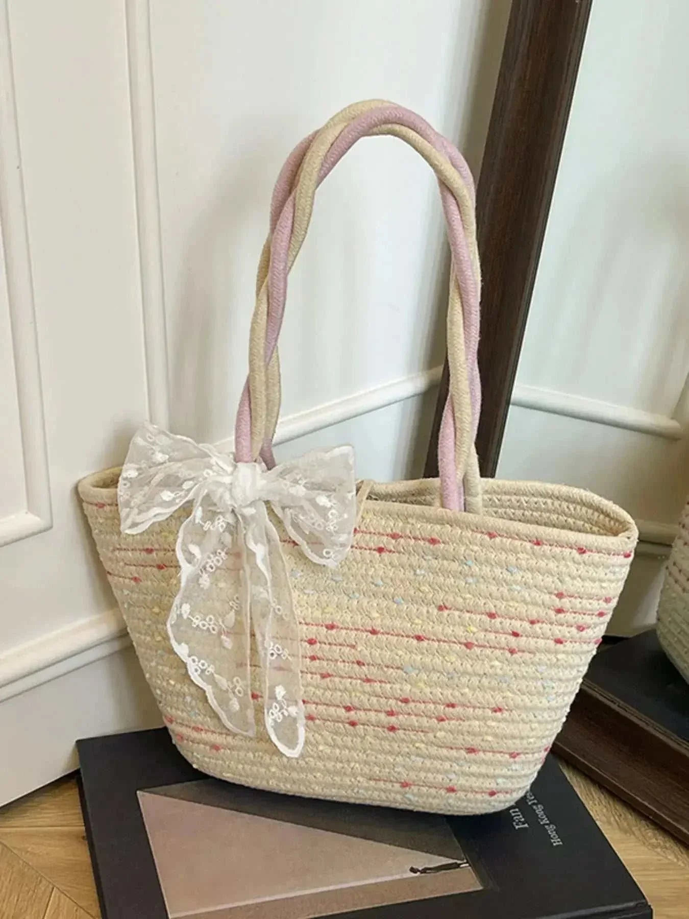 Woven Straw Shoulder Bag with Lace Bow Detail - GlowUp Garments