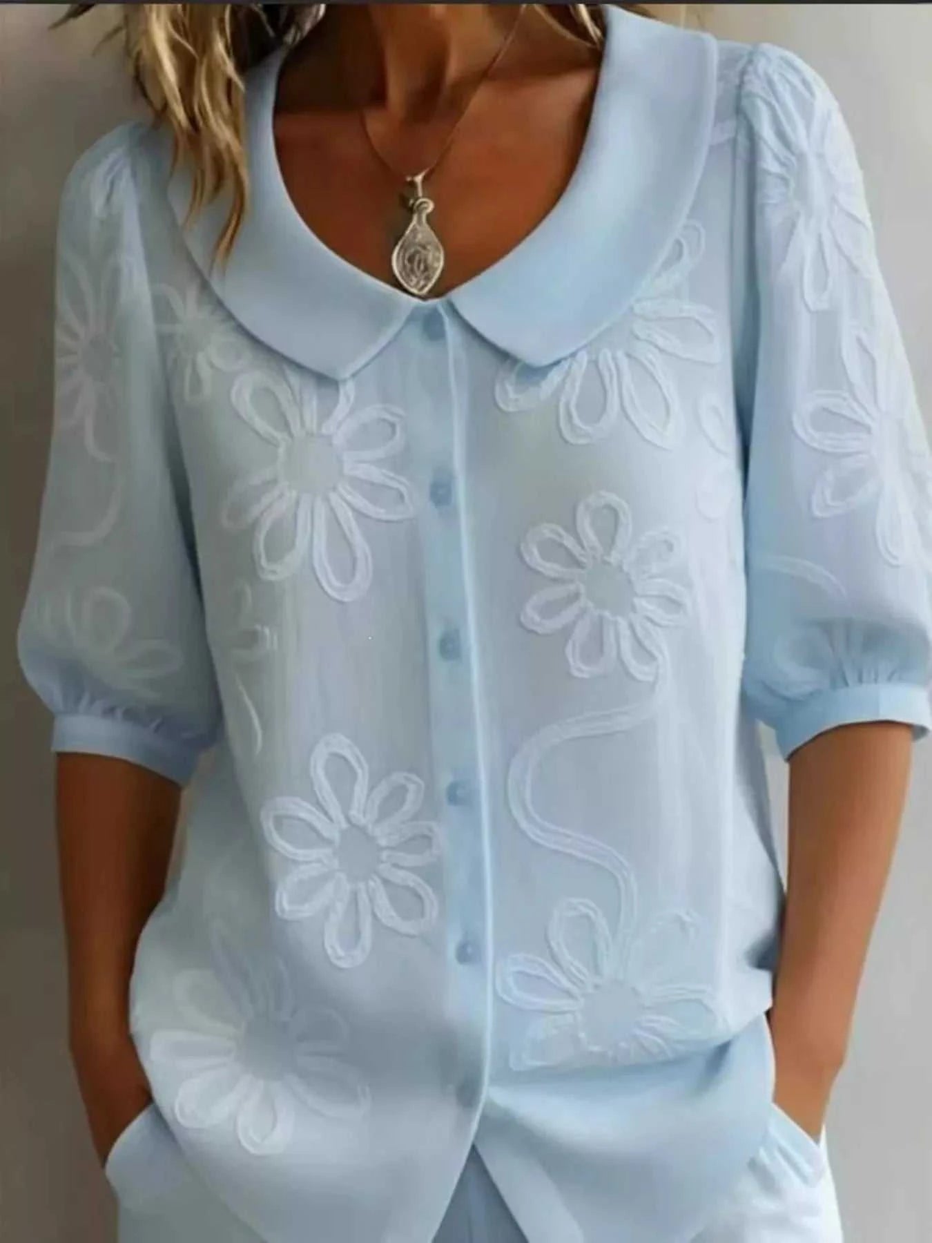Full Size Flower Puff Sleeve Shirt Plus Size - GlowUp Garments