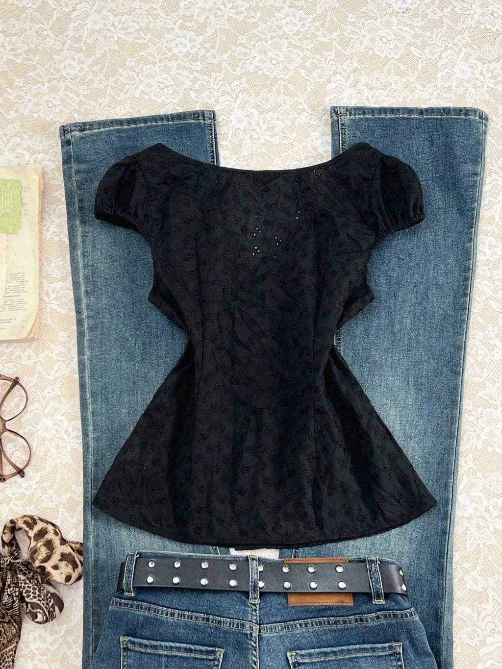Lace V-Neck Cap Sleeve Blouse - GlowUp Garments