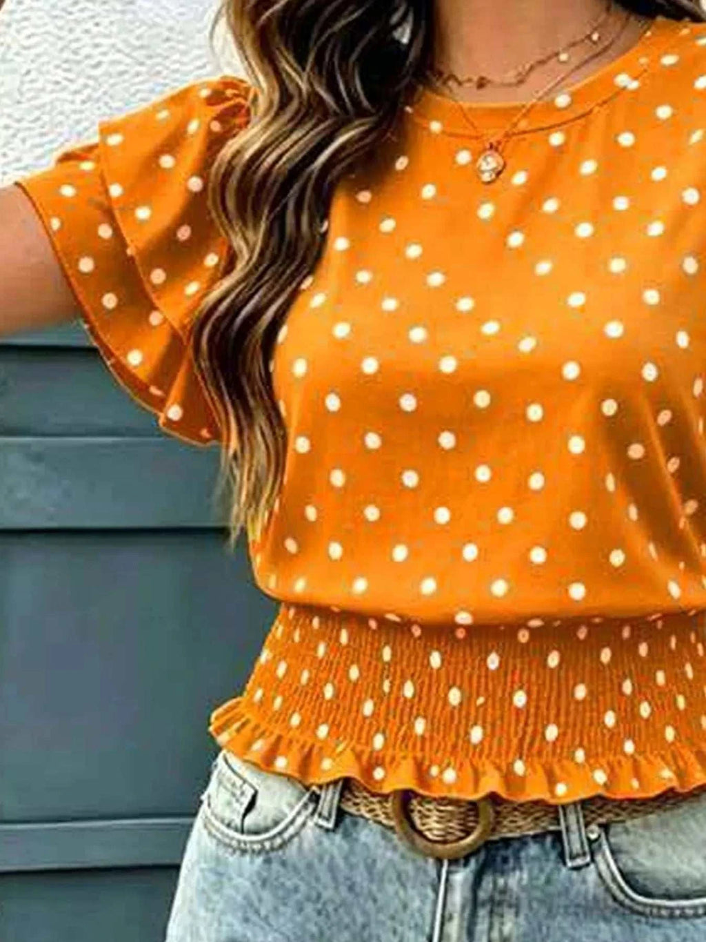 Polka Dot Ruffle Sleeve Blouse - GlowUp Garments