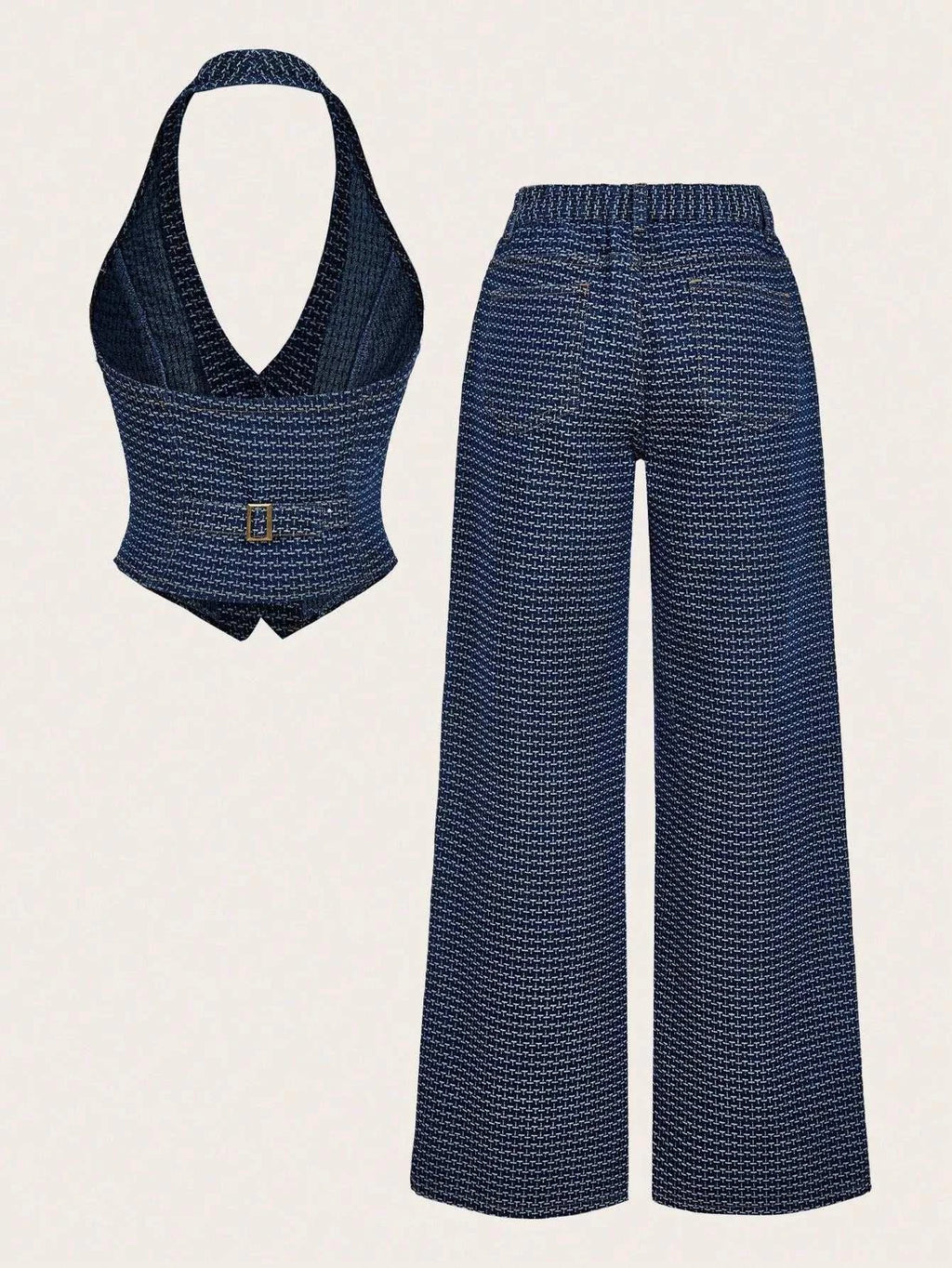 Halter Neck Denim Vest and Wide-Leg Jeans Set - GlowUp Garments