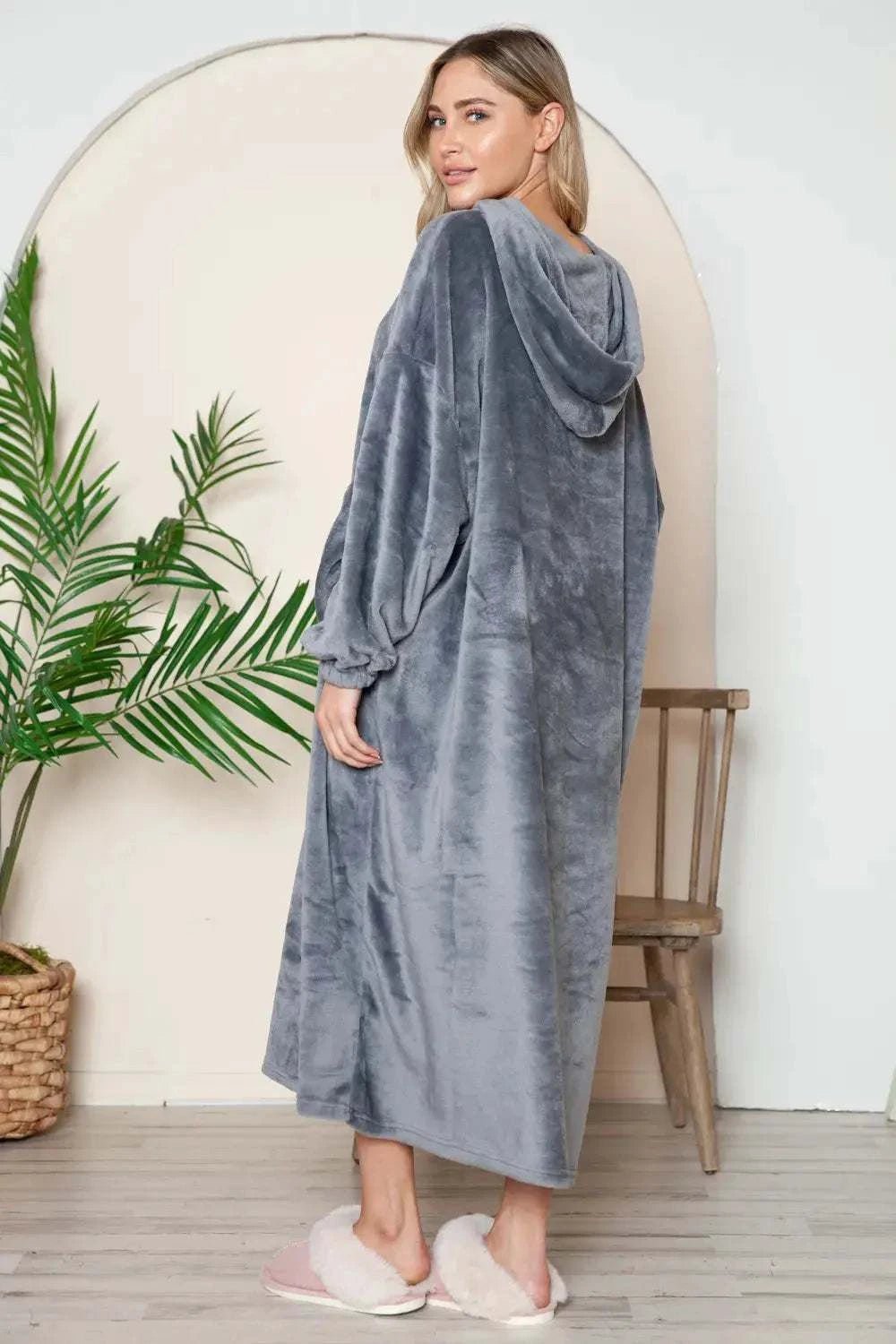 Double Take Full Size Pocketed Hooded Midi Lounge Dress - GlowUp Garments
