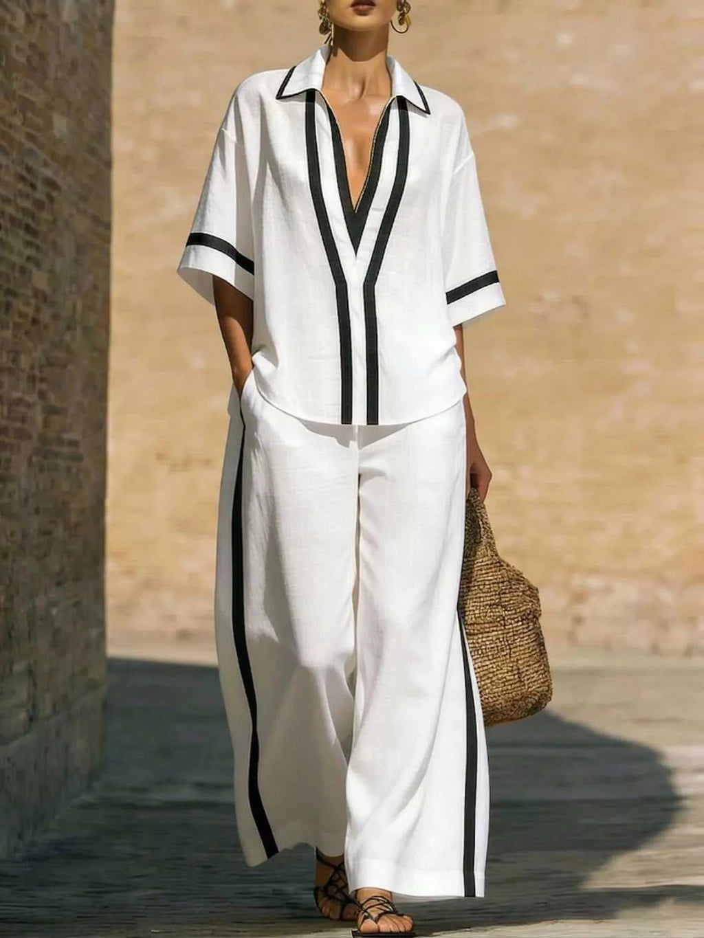 Full Size Contrast Trim Top and Pants Set Plus Size - GlowUp Garments