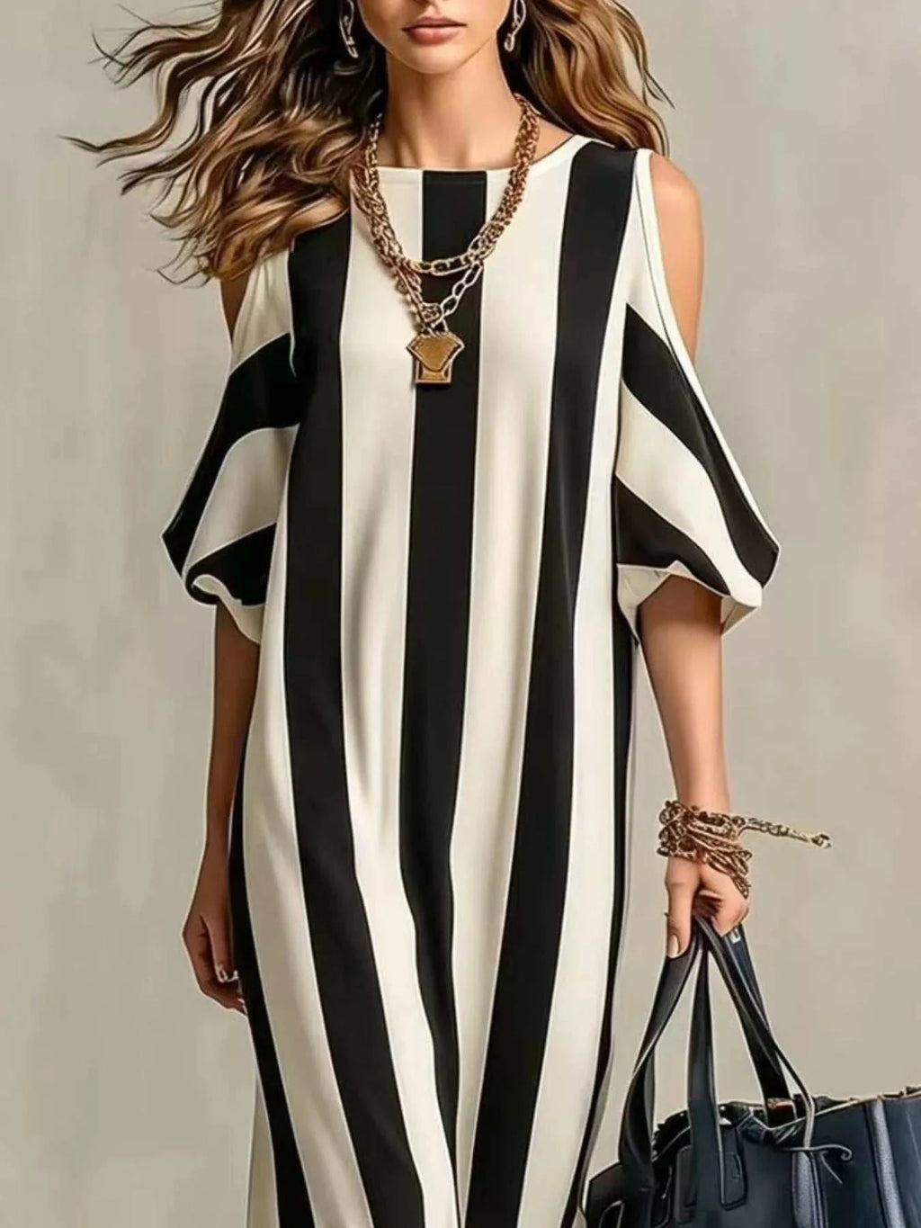 Striped Cold Shoulder Maxi Dress - GlowUp Garments