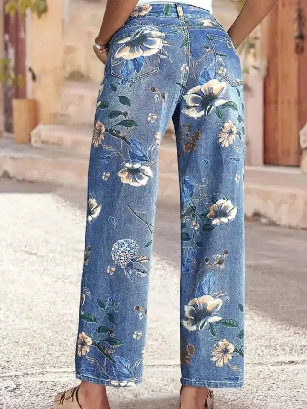 Floral Print Wide Leg Jeans - GlowUp Garments