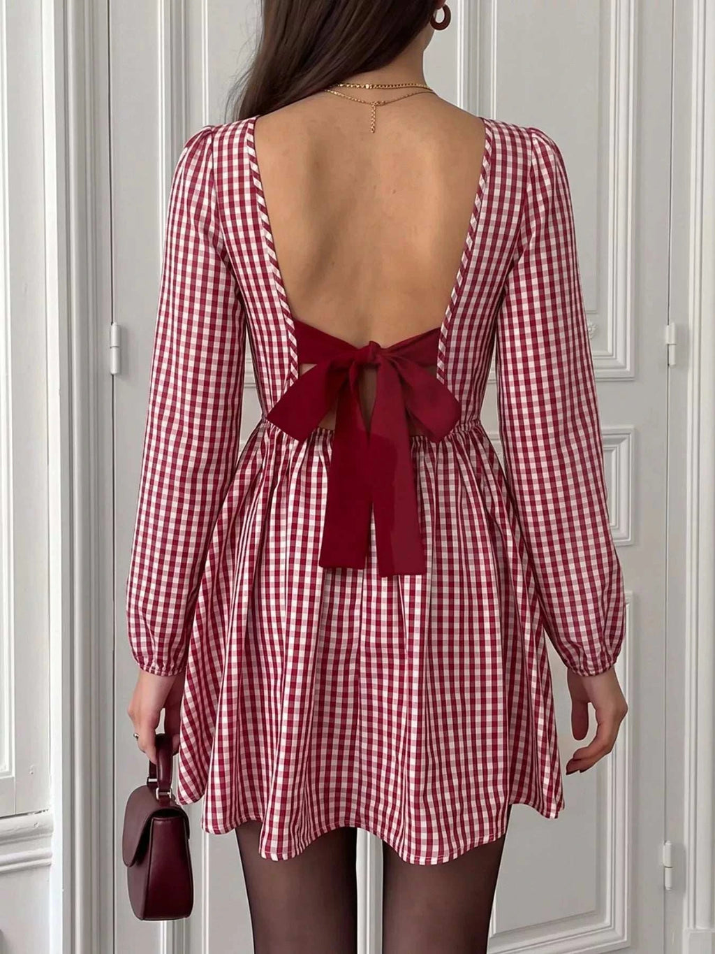 Backless Plaid Long Sleeve Dress - GlowUp Garments