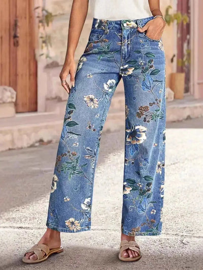 Floral Print Wide Leg Jeans - GlowUp Garments