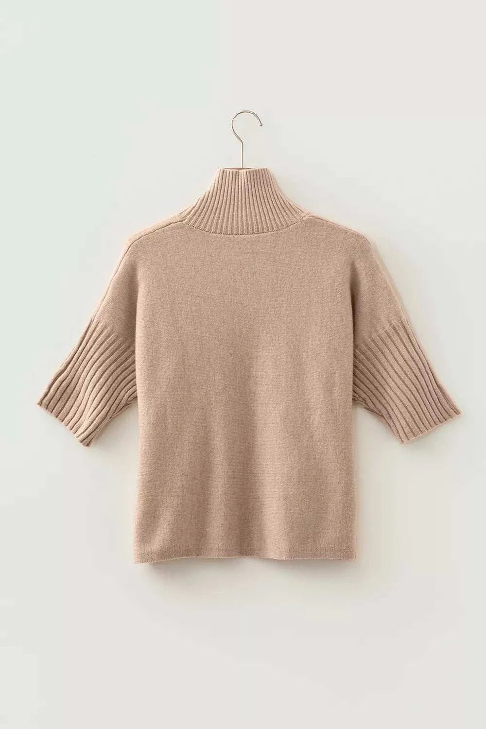 Ribbed Trim High Neck Short Sleeve Casual Sweater - GlowUp Garments