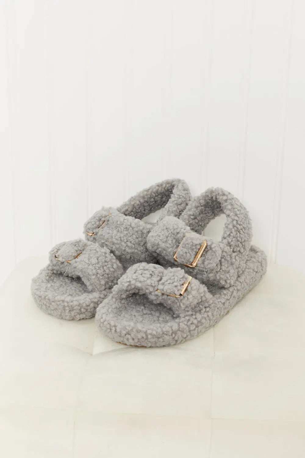 Qupid Cozy Atmosphere Faux Fur Buckled Sandals in Grey - GlowUp Garments