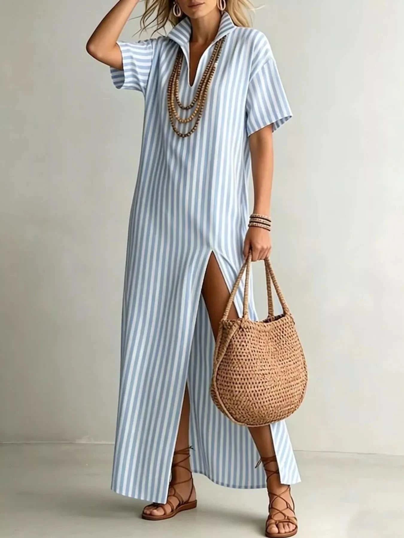 Full Size Striped Maxi Dress with Side Slit Plus SIze - GlowUp Garments