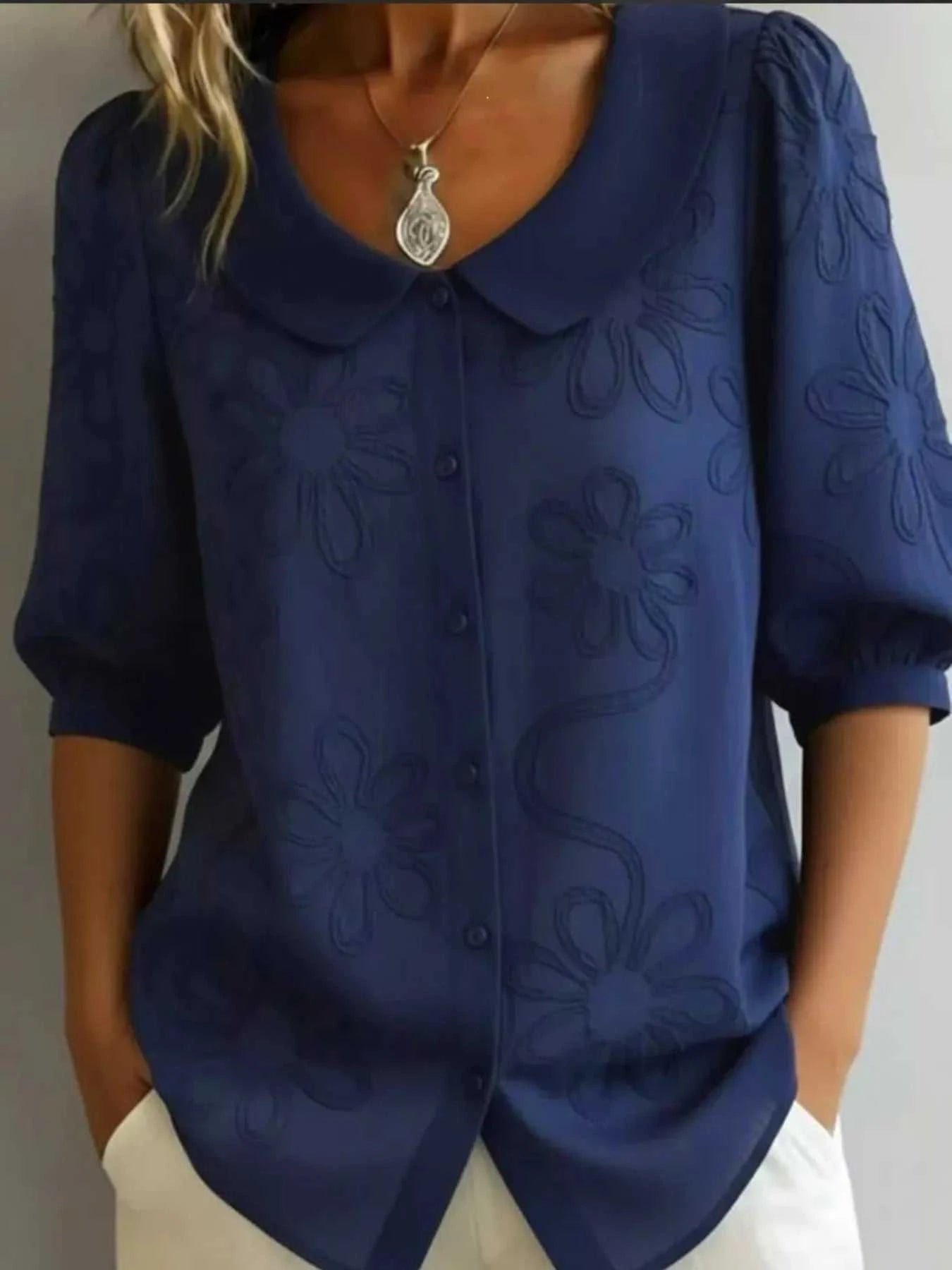 Full Size Flower Puff Sleeve Shirt Plus Size - GlowUp Garments