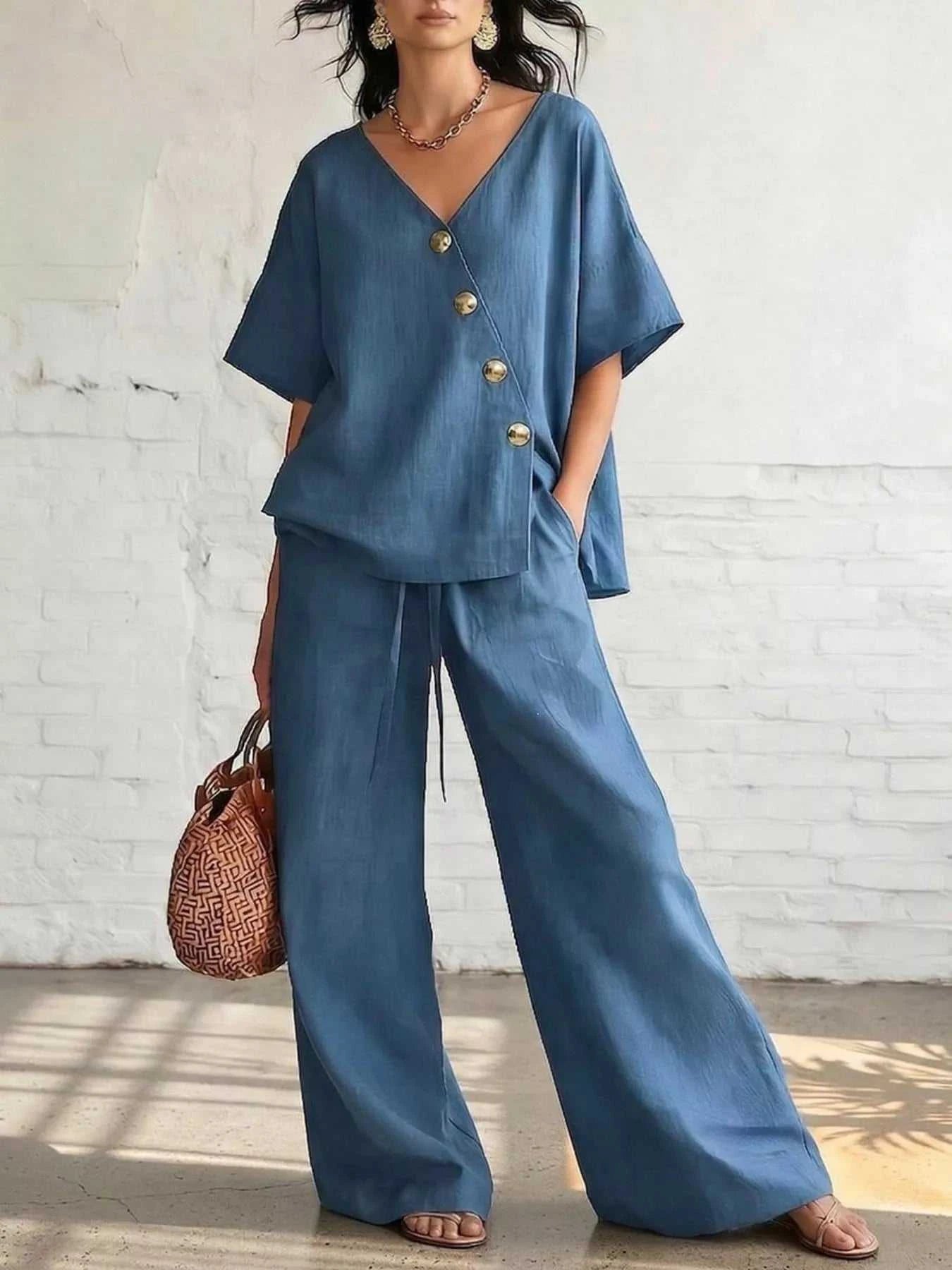 Full Size Surplice Half Sleeve Top and Wide-Leg Pants Set Plus Size - GlowUp Garments