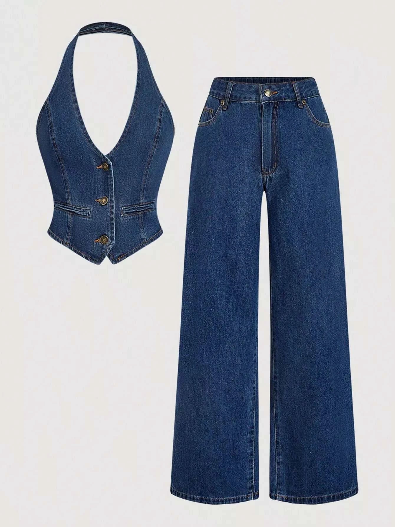 Halter Neck Denim Vest and Wide-Leg Jeans Set - GlowUp Garments