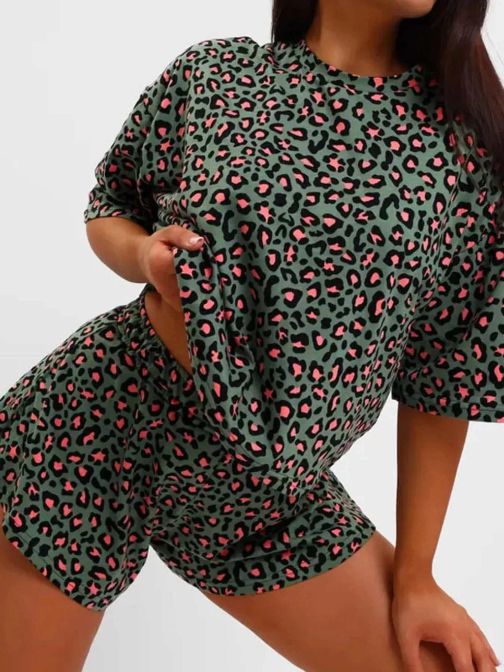 Leopard Print Relaxed Fit Tee and Shorts Lounge Set - GlowUp Garments
