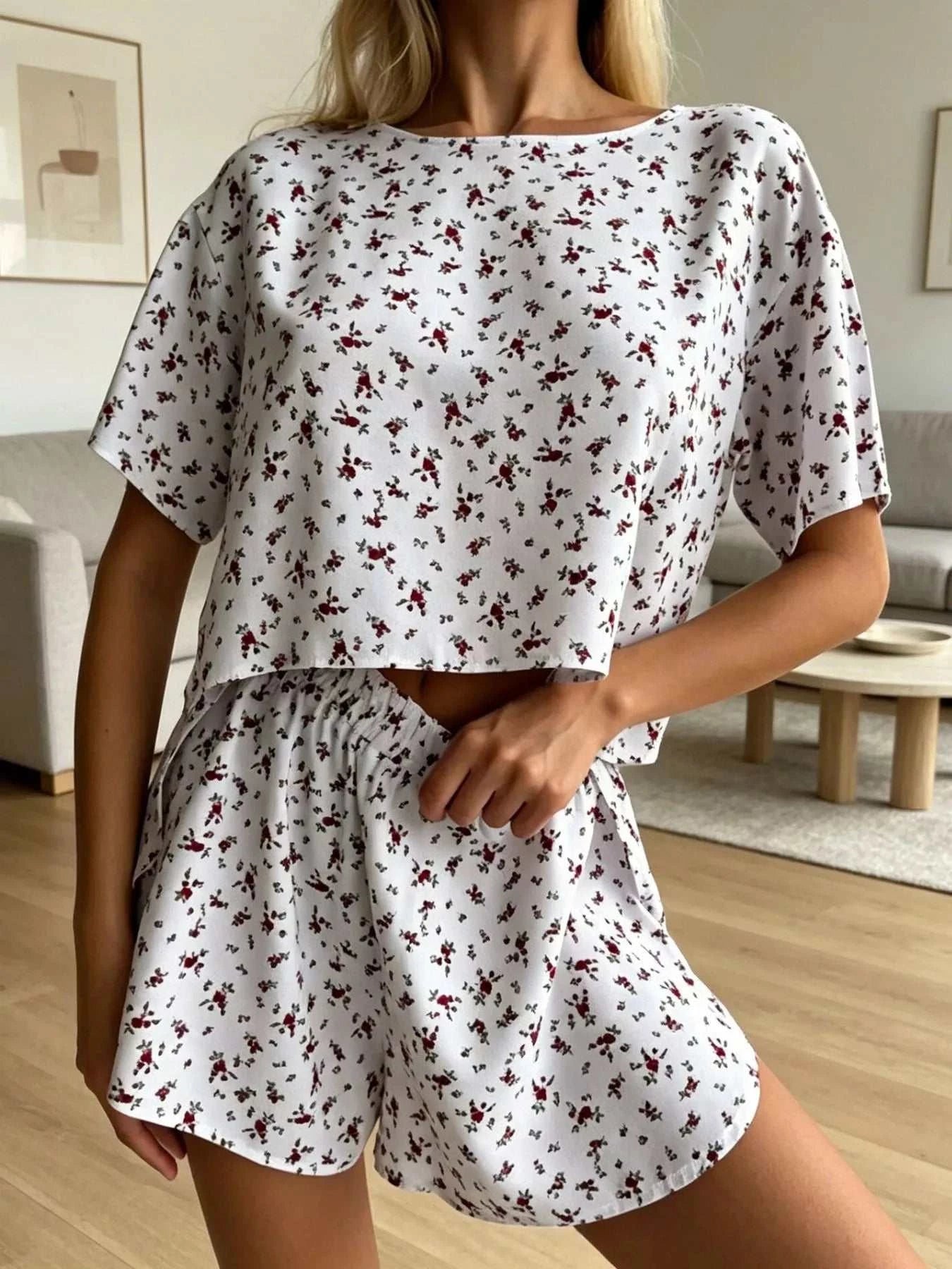 Floral Print Relaxed Fit Top and Shorts Lounge Set - GlowUp Garments