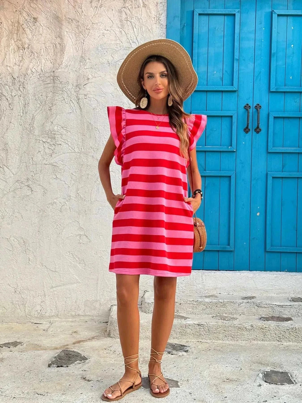 Striped Ruffle Sleeve Casual Summer Dress - GlowUp Garments