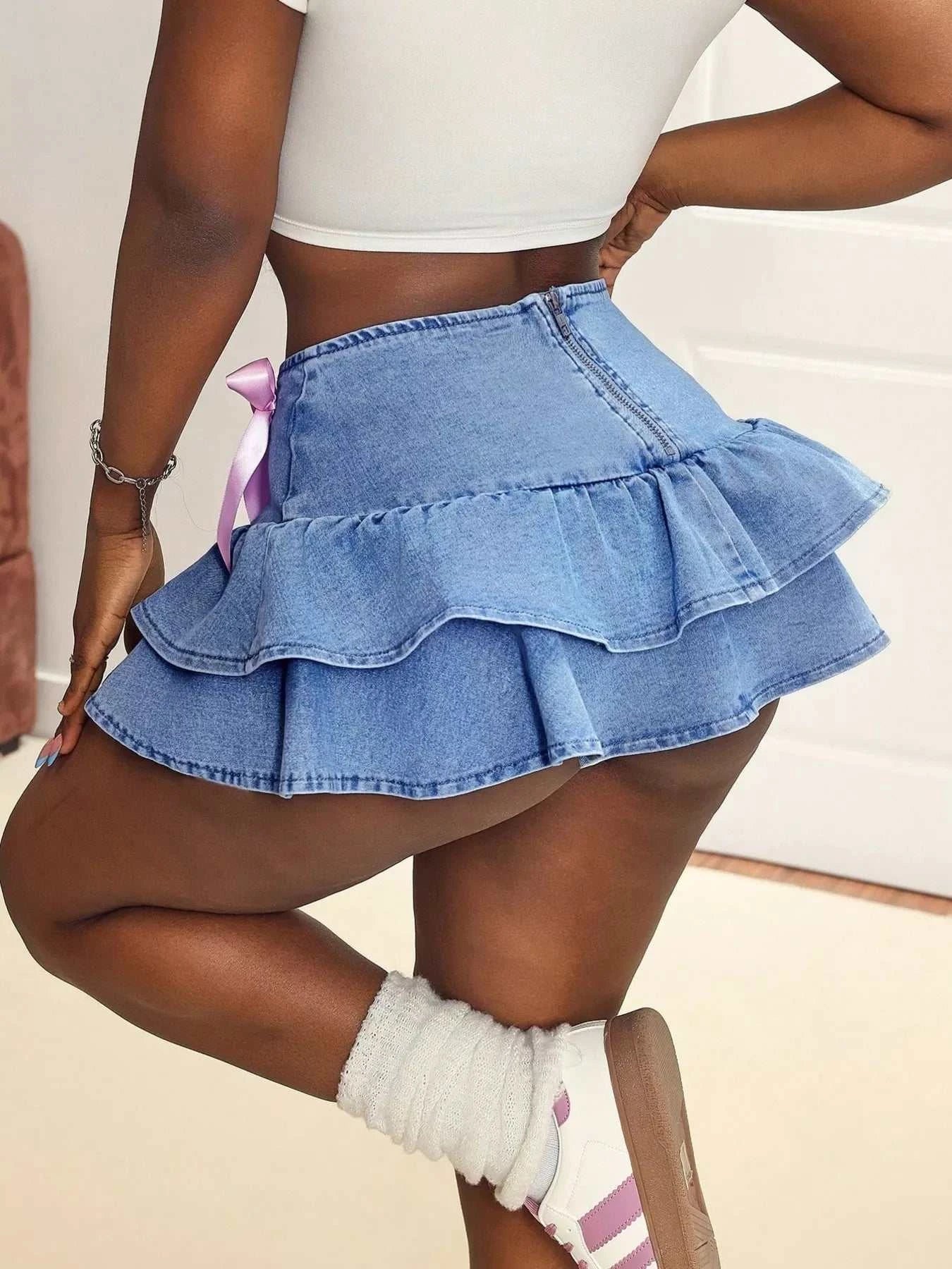 Ruffled Denim Mini Skirt - GlowUp Garments
