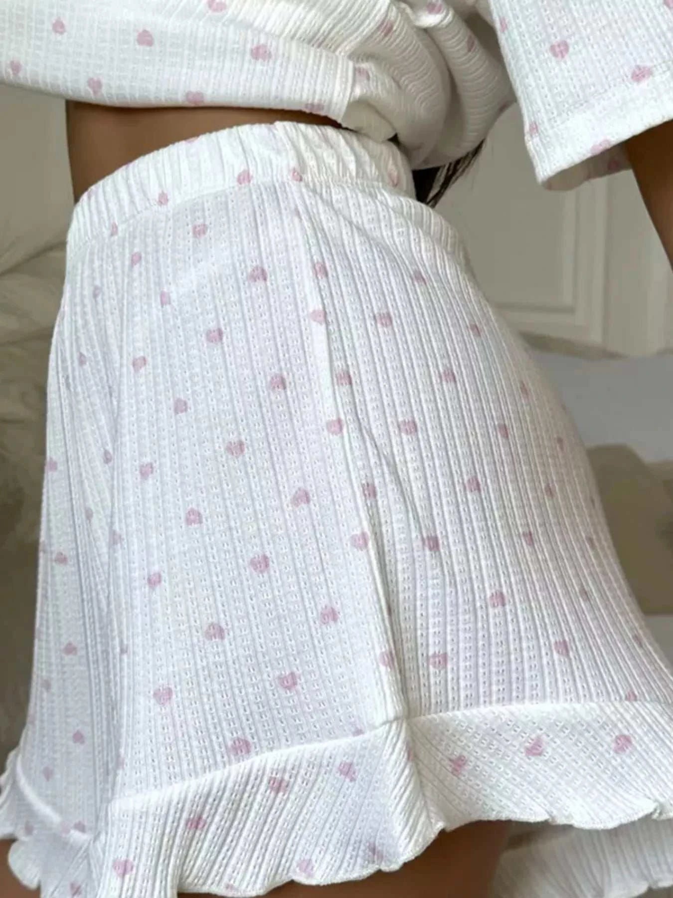 Heart Print Casual Top and Shorts Lounge Set - GlowUp Garments