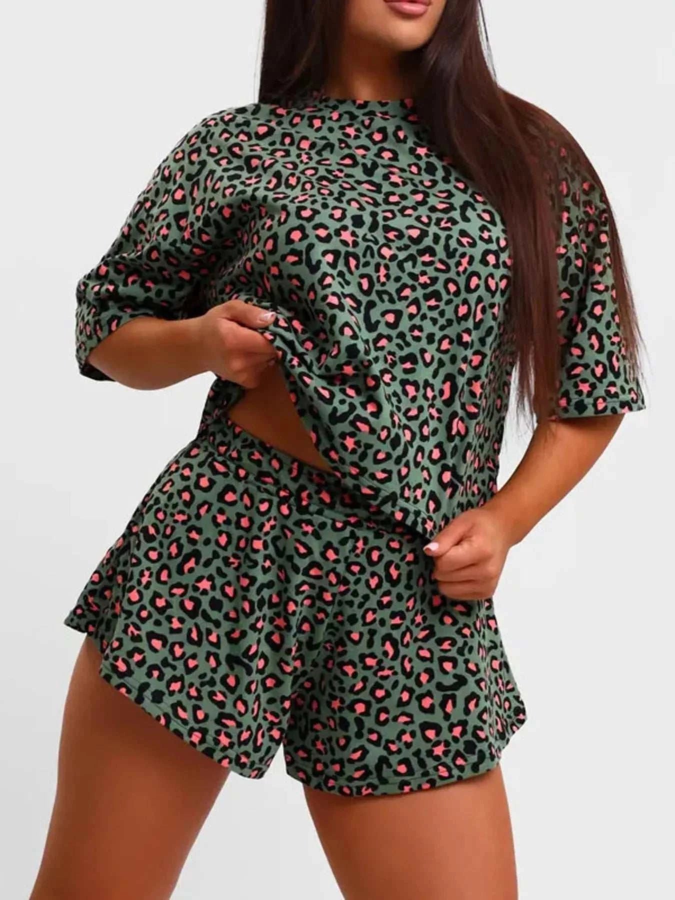Leopard Print Relaxed Fit Tee and Shorts Lounge Set - GlowUp Garments