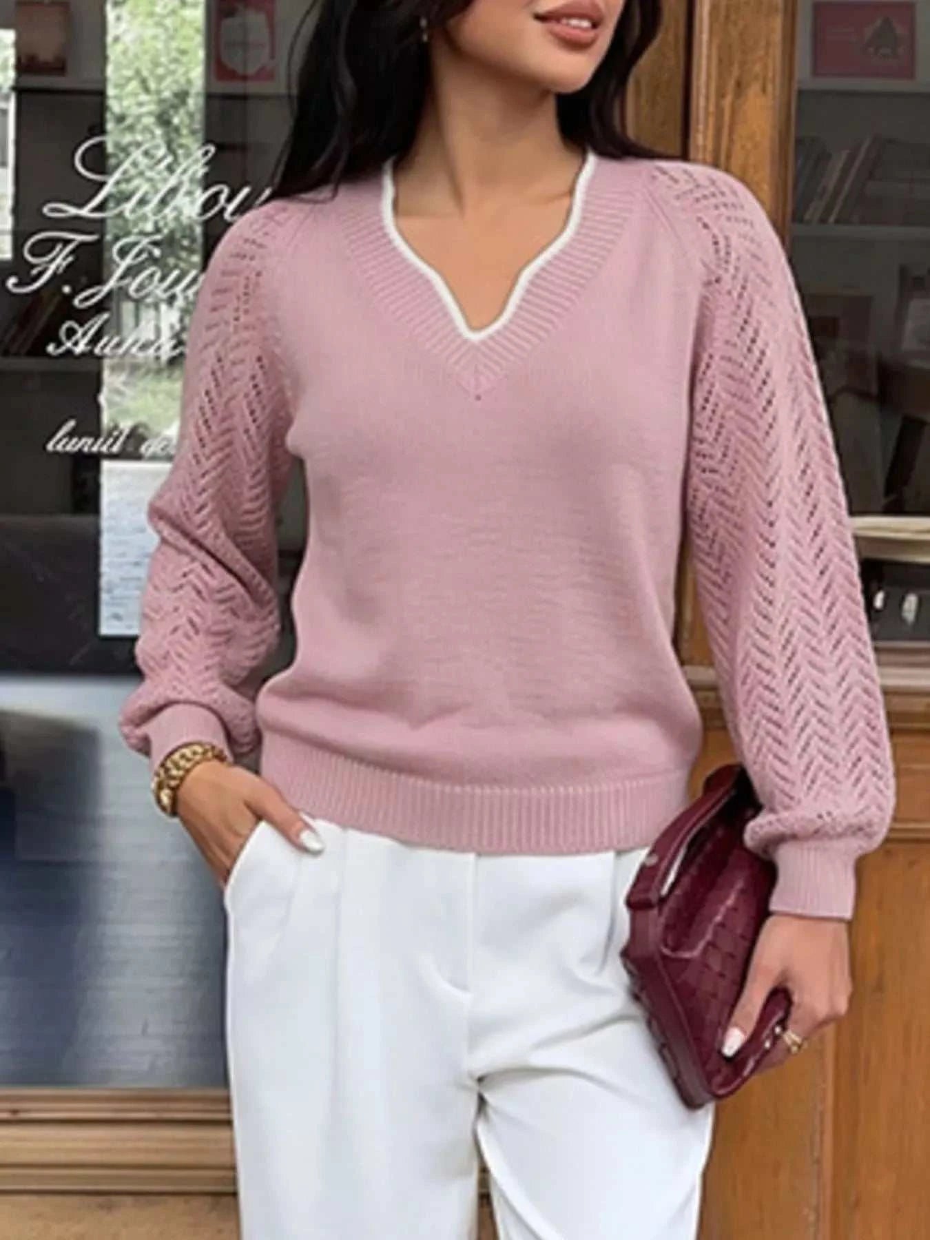 V-Neck Openwork Long Sleeve Sweater - GlowUp Garments