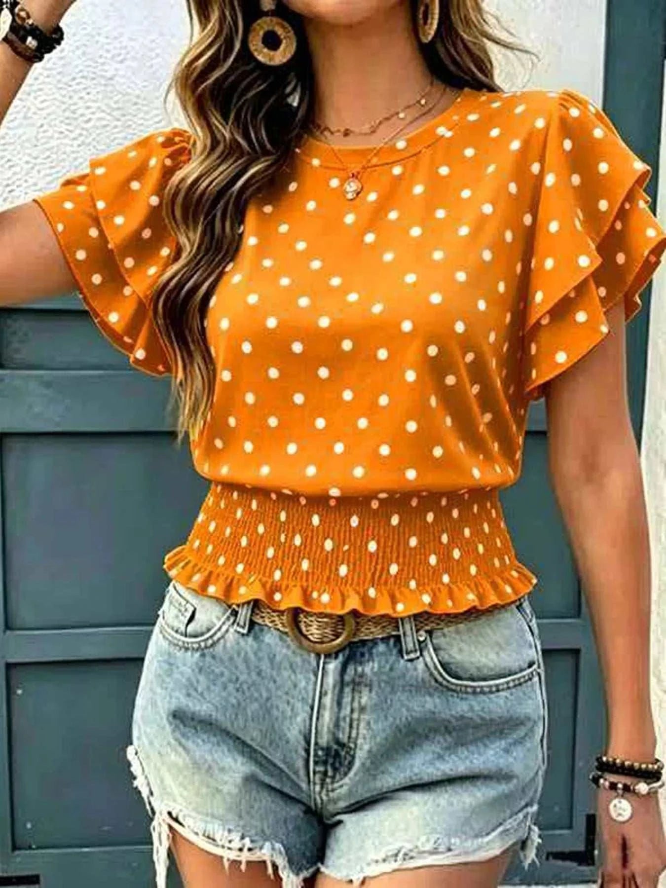 Polka Dot Ruffle Sleeve Blouse - GlowUp Garments