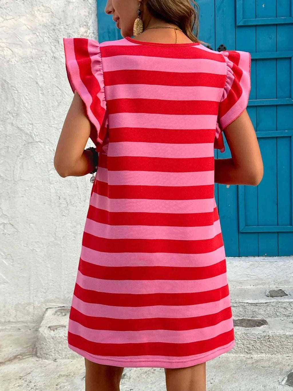 Striped Ruffle Sleeve Casual Summer Dress - GlowUp Garments