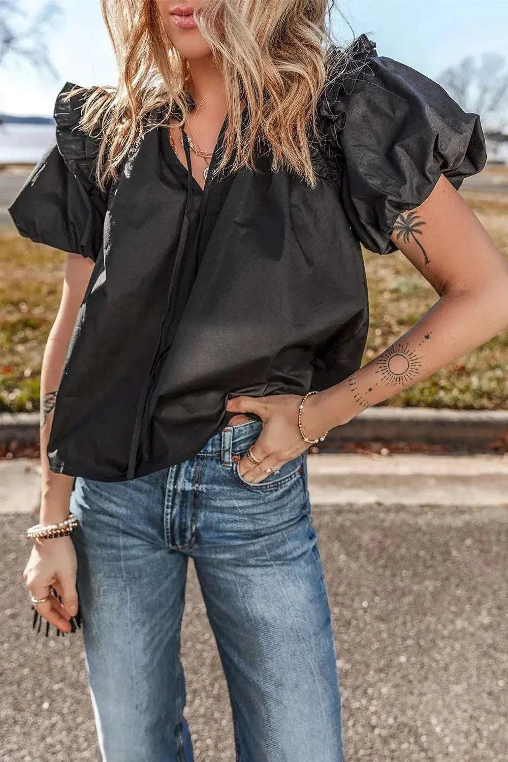 Ruffled Puff Short Sleeve Loose Blouse - GlowUp Garments